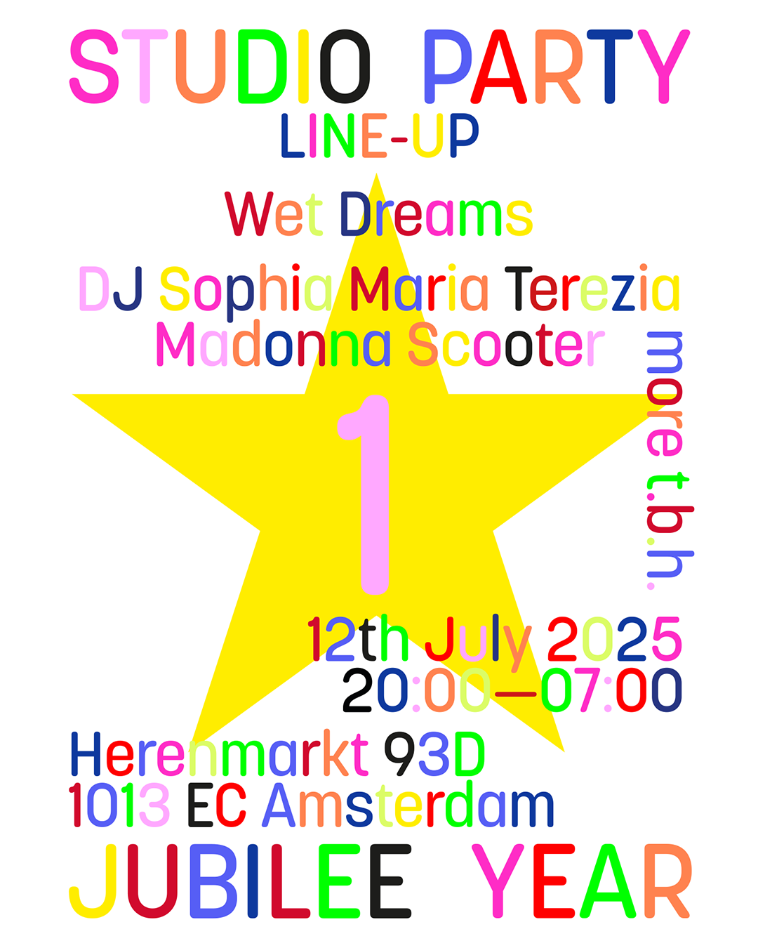 a flyer for a party in rainbow text